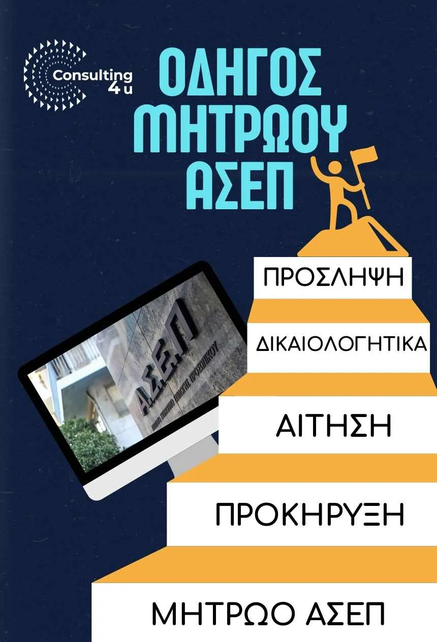 Οδηγός Μητρώου ΑΣΕΠ 2026: Βήματα προς την Πρόσληψη στο Δημόσιο – Consulting4You Μητρώο ΑΣΕΠ: Συμβολική απεικόνιση ανθρώπου που ανεβαίνει σκαλιά με βήματα Προσλήψεις, Δικαιολογητικά, Αίτηση, Προκήρυξη και Μητρώο ΑΣΕΠ, φτάνοντας στην κορυφή της επιτυχίας – Οδηγός Consulting4You.gr
